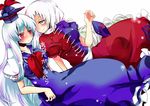  bad_id bad_pixiv_id blue_hair blush braid cross hat hat_removed headwear_removed kamishirasawa_keine long_hair multicolored_hair multiple_girls night-moon puffy_sleeves purple_hair red_cross red_eyes short_sleeves silver_eyes silver_hair single_braid touhou translation_request two-tone_hair very_long_hair yagokoro_eirin yuri 