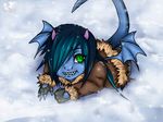  blue blue_dragon blue_skin character chibi cold cute dragon eliana eliana-asato ena female gloves green_eyes horn ice signature smile snow solo teeth white wind wings winter 