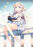  balloon barefoot blonde_hair blue_eyes braid camera cloud dress h2so4 long_hair open_mouth original rainbow sitting solo star_(sky) 