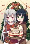  2girls absurdres amano_akari animal animal_costume antlers bangs bat bell blue_hair blurry blurry_background cake capelet christmas christmas_wreath commentary_request dated depth_of_field dress elbow_gloves erie_(tonari_no_kyuuketsuki-san) eyebrows_visible_through_hair fake_antlers fingernails food fur-trimmed_capelet fur-trimmed_dress fur-trimmed_hat fur_trim gingerbread_man gloves green_eyes hair_bell hair_between_eyes hair_ornament hairband hat highres holding holding_tray hood hood_down long_hair mini_hat mini_santa_hat multiple_girls natsuki_hinata neps-l purple_eyes red_capelet red_dress red_gloves red_hat reindeer_antlers reindeer_costume ribbon santa_hat signature silver_hair sophie_twilight star star_hair_ornament tonari_no_kyuuketsuki-san tray very_long_hair white_hairband yellow_ribbon 