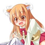  1girl :o animal_ears bad_id bad_pixiv_id blush bow brown_eyes cape covered_penis dog_days dog_ears dog_girl ear_wiggle erection hetero long_hair marino_yuu open_mouth orange_hair pointing ricotta_elmar solo_focus white_background 