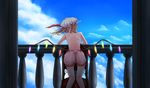  1girl back balcony blonde_hair bloomers blue_sky chin_rest cloud crystal day flandre_scarlet from_behind glowing glowing_wings hat hat_ribbon highres low_wings pointy_ears ribbon short_hair shoulder_blades side_ponytail sky solo topless touhou underwear underwear_only wings 