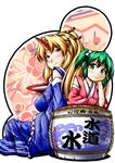  alternate_costume alternate_hairstyle blue_kimono blush breasts brown_eyes collarbone cup detached_sleeves elbow_rest green_eyes green_hair hair_bobbles hair_ornament hair_stick hairpin hand_on_own_cheek horn hoshiguma_yuugi japanese_clothes kimono kisume large_breasts long_hair looking_at_viewer multiple_girls ponytail sakazuki sake_barrel short_hair smile touhou twintails wide_sleeves yuzu_momo 