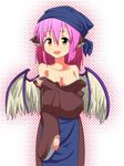  animal_ears bird_wings blush breasts cato_(monocatienus) cleavage collarbone head_scarf highres japanese_clothes long_sleeves medium_breasts mystia_lorelei off_shoulder okamisty open_mouth pink_hair short_hair solo touhou undressing wide_sleeves wings yellow_eyes 