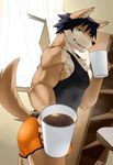  canine clothing coffee first_person_view green_eyes looking_at_viewer male mammal matsuya shirt shorts solo tank_top wolf 