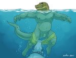  2011 anthro balls belly biceps black_hair canine chubby claws clothing collar crocodile dog fur hair hindpaw husky langdon male muscles nipples nude paws pecs penis pulling reptile scalie simple_background spikes swimming swimsuit teeth underwater undressing water wet wfa 
