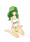  bad_id bad_pixiv_id bare_shoulders blue_panties blush breasts camisole collarbone frog_hair_ornament green_hair hair_ornament kochiya_sanae long_hair medium_breasts navel non_(z-art) panties simple_background sitting snake_hair_ornament solo touhou underwear underwear_only wariza white_background yellow_eyes 