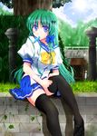  alternate_costume black_legwear blue_eyes blush bow cloud day food frog_hair_ornament fule green_hair hair_bow hair_ornament highres kochiya_sanae long_hair miniskirt popsicle school_uniform serafuku sitting skirt sky solo sun sweat thighhighs touhou tree zettai_ryouiki 