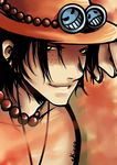  1boy black_hair freckles hat jewelry male male_focus necklace one_piece portgas_d_ace sad_face smile smiley smiley_face solo topless 