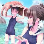  :d ^_^ animal anomalocaris bangs bare_shoulders blush breasts brown_eyes brown_hair carrying cat closed_eyes collarbone coral day hallucigenia holding horizon multiple_girls ocean one-piece_swimsuit open_mouth original outdoors prehistoric_animal rock school_swimsuit shimano_natsume short_hair silver_eyes sky small_breasts smile standing swimsuit tongue twintails wading water wet white_cat 