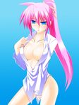  blue_eyes breasts cleavage dress_shirt engo_(aquawatery) hair_ribbon highres large_breasts long_hair lyrical_nanoha mahou_shoujo_lyrical_nanoha mahou_shoujo_lyrical_nanoha_a's naked_shirt pink_hair ponytail ribbon shirt signum solo 