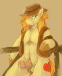  anthrofied aries84 balls braeburn_(mlp) cowboy_hat cutie_mark equine fence friendship_is_magic green_eyes hat hooves horse looking_at_viewer male mammal my_little_pony orange_theme penis pony precum solo vest warm_colors 