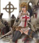  black_blood black_legwear blonde_hair blood blue_eyes braid breasts celtic_cross cross dagger dual_wielding esther_(exaxuxer) exaxuxer glasses highres holding knights_templar large_breasts long_hair monster open_mouth original single_braid solo sword teeth thighhighs weapon 