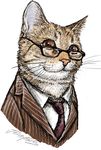  brown_eyes brown_sclera business_suit cat dress_shirt eyewear feline glasses jenny_parks looking_at_viewer male mammal necktie portrait solo stripes suit 