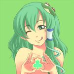  ;q ao_usagi club_(shape) clubs_hands frog_hair_ornament green_background green_eyes green_hair hair_ornament hair_tubes kochiya_sanae long_hair nude one_eye_closed simple_background solo tongue tongue_out touhou upper_body 