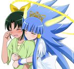  aoki_reika blue_dress blue_hair blush closed_eyes commentary_request couple cure_beauty dress green_shirt hug hug_from_behind long_hair magical_girl midorikawa_nao multiple_girls open_mouth precure princess_form_(smile_precure!) shirt short_hair smile smile_precure! suzushiro_yukari tears yuri 