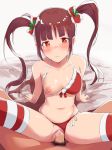  bed bikini breasts brown_hair censored christmas christmas_stocking clothing_aside hair_ornament highres holly_hair_ornament idolmaster idolmaster_million_live! long_twintails matsuda_arisa mugai nipples one_breast_out sex swimsuit twintails 