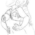  bra breast_grab breasts dinosaur feathers female grope hands_on_hips jenny jenny_(slither) komodo_dragon lesbian lizard monitor_lizard navel nipples nostrils raptie raptor reptile scales scalie sefeiren sketch smile stripes underwear yiffyraptor 