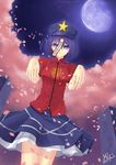 2011 beret chinese_clothes dated full_moon hat highres miyako_yoshika moon night ofuda outstretched_arms petals purple_eyes purple_hair short_hair short_sleeves signature smile solo star touhou yules zombie_pose 
