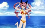  akiha_rumiho animal_ears armpits beach bikini breasts cat_ears cleavage day highres long_hair looking_at_viewer medium_breasts navel ocean orange_bikini outdoors pink_hair sky solo steins;gate swimsuit twintails 