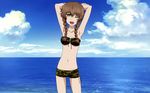  amane_suzuha armpits beach braid breasts brown_hair cleavage day green_eyes highres long_hair looking_at_viewer medium_breasts navel open_mouth outdoors sky solo steins;gate twin_braids 