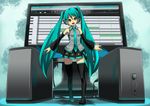  aqua_eyes aqua_hair detached_sleeves hatsune_miku long_hair looking_at_viewer monitor necktie open_mouth pizzadev skirt smile solo thighhighs twintails very_long_hair vocaloid 