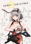  1girl absurdres antlers bangs black_legwear blush body_writing breasts character_name choker cleavage closed_mouth collarbone eyebrows_visible_through_hair fake_antlers fur-trimmed_choker fur-trimmed_tubetop girls_frontline gloves grey_hair gun hairband heart heart_hands heart_pasties highres ihobus kriss_vector looking_at_viewer medium_breasts one_breast_out open_mouth pasties red_tubetop short_hair silver_hair solo strapless submachine_gun thighhighs tubetop vector_(girls_frontline) weapon yellow_eyes 
