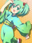  bad_id bad_pixiv_id blush fei_rune green_eyes green_hair inazuma_eleven_(series) inazuma_eleven_go inazuma_eleven_go_chrono_stone japanese_clothes kaityuu1170 kimono obi orange_background otoko_no_ko patterned_background sash seigaiha smile twintails 