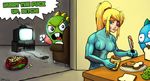  blonde_hair bob breasts bub bubble_bobble bud food long_hair lowres metroid peanut_butter ponytail popcorn samus_aran sandwich television what zero_suit 