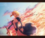  ahoge artoria_pendragon_(all) bad_id bad_pixiv_id blonde_hair cleavage_cutout copyright_name dress fate/stay_night fate_(series) frills green_eyes hair_bun highres lens_flare ohagi_(ymnky) ribbon saber sidelocks solo sword weapon 