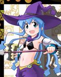  blue_eyes blue_hair blush cosplay detached_sleeves hat highres ikamusume midriff navel rivalun rivalun_(cosplay) rokushaku_neko shinryaku!_ikamusume solo tentacle_hair wand witch_hat yuru_yuri 