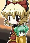  bag blonde_hair blush blush_stickers bow green_eyes green_hair hair_bobbles hair_bow hair_ornament kisume kurodani_yamame long_sleeves lowres multiple_girls ponytail r_pascal red_eyes short_hair touhou 