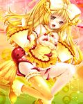  =_= araiguma bad_id bad_pixiv_id bare_shoulders blonde_hair blush bow breasts detached_sleeves dress hair_bow long_hair medium_breasts mouth_hold octopus open_mouth original single_thighhigh solo sparkle thighhighs yellow_eyes yellow_legwear 