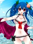  alternate_hairstyle bikini blue_hair food fruit hair_ornament hinanawi_tenshi midriff moryu navel no_hat no_headwear peach red_eyes solo swimsuit touhou towel twintails 