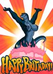  anthro big_breasts blue blue_eyes blue_nipples blue_skin bomba breasts cake cake_stripper candle claws female food lizard looking_at_viewer lordstevie messy muscles muscular_female navel nipples nude pose reptile scalie scar smile solo tattoo thighs voluptuous wide_hips 