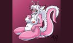  big_breasts breasts cautioncat chubby dragon dratina ear_piercing eyewear female glasses hair nipples overweight piercing pink pink_theme scalie white_hair yellow_eyes 