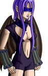  armlet bat_wings breasts cleavage elf gem highres lipstick makeup mask medium_breasts naval original pointy_ears purple_hair short_hair solo voquo_(artist) wings 