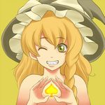  ao_usagi blonde_hair bow braid grin hat hat_bow kirisame_marisa long_hair nude one_eye_closed simple_background single_braid smile solo spade_(shape) spade_hands touhou upper_body witch_hat yellow_background yellow_eyes 