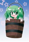  blush bucket green_eyes green_hair hair_bobbles hair_ornament in_bucket in_container kisume narumi_aoi open_mouth solo star touhou twintails wooden_bucket 