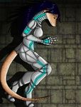  blue_hair brown_skin dark eliana-asato female green_eyes hair lizard long_hair metal reptile scalie space_suit spacesuit 