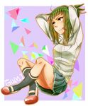  bad_id bad_pixiv_id character_name clenched_teeth dress_shirt green_eyes green_hair gumi hair_tie hair_up highres indian_style mary_janes pleated_skirt ponytail shirt shoes sidelocks silversoul1010 sitting skirt solo teeth tube_socks vocaloid 