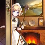  blue_eyes blush broom clock fireplace flower holding kikimora maid miyase_mahiro monster_monster painting_(object) peeking_out plate short_hair silver_hair solo standing 