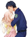  1girl aomine_daiki blue_hair closed_eyes couple dark_skin forehead_kiss height_difference hetero kiss kuroko_no_basuke long_hair mamiya_(sheena-1125) momoi_satsuki pink_hair short_hair smile 