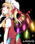  ascot black_background blonde_hair blush fang flandre_scarlet glowing glowing_wings hand_on_own_chin hat hat_ribbon namori open_mouth red_eyes ribbon short_hair side_ponytail skirt skirt_set smile solo touhou wings wrist_cuffs 