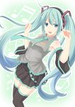  ahoge aqua_eyes aqua_hair bad_id bad_pixiv_id detached_sleeves hatsune_miku headset highres long_hair mizunashi_kenichi musical_note open_mouth skirt smile solo thighhighs twintails very_long_hair vocaloid zettai_ryouiki 