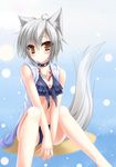  animal_ears between_breasts bikini_top blush breasts brown_eyes cleavage frilled front-tie_top glasses highres hood hood_down hoodie looking_at_viewer medium_breasts midriff navel open_clothes open_hoodie original short_hair short_shorts shorts silver_hair sitting solo swimsuit tail wolf_ears wolf_tail yukichin 