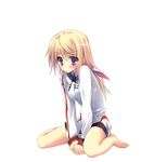 bad_id bad_pixiv_id barefoot blonde_hair blush charlotte_dunois full_body highres infinite_stratos ite_fuji long_hair purple_eyes school_uniform simple_background sitting solo v_arms wariza white_background 
