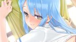  1girl bishoujo_mangekyou blue_hair blush game_cg happoubi_jin sawatari_shizuku smile window yellow_eyes 