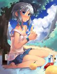  ahoge alcohol bare_shoulders barefoot blue_eyes bottle feet food fruit hair_ribbon izayoi_sakuya mouth_hold pocky ribbon see-through shin_(new) sidelocks silver_hair sitting skirt solo strap_slip summer touhou tree wariza wine wristband 