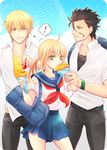  2boys ahoge artoria_pendragon_(all) bag black_hair blonde_hair bookbag casual crepe eating fate/zero fate_(series) food gilgamesh green_eyes hair_ribbon iroto_89 lancer_(fate/zero) multiple_boys ponytail red_eyes ribbon saber school_uniform serafuku yellow_eyes 